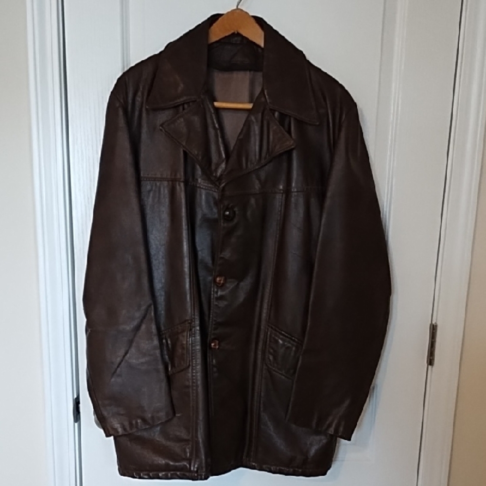 Vintage Dark Brown Leather Jacket / Car Coat Men's XL Retro Lined Boxy Fit